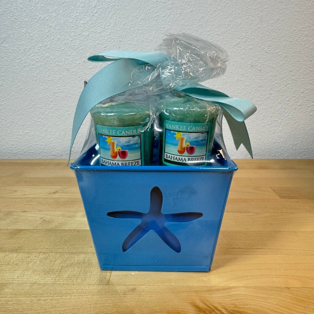 Yankee Candle Bahama Breeze Gift Set Blue Starfish Tin Votives and Glass Jar NEW